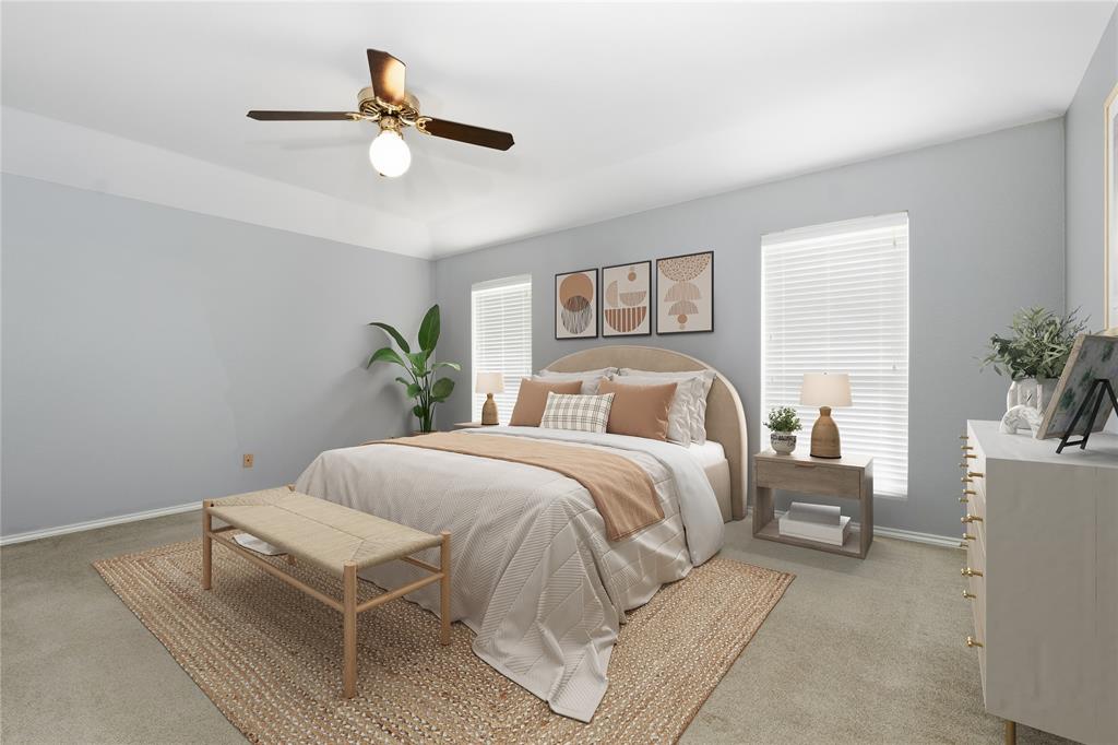 7205 Windcrest Court East North Richland Hills, TX 76182 - Photo 8 of 35 a bedroom with a bed and a chandelier