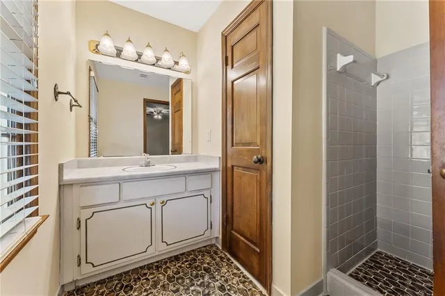 a bathroom with a sink a mirror and a shower