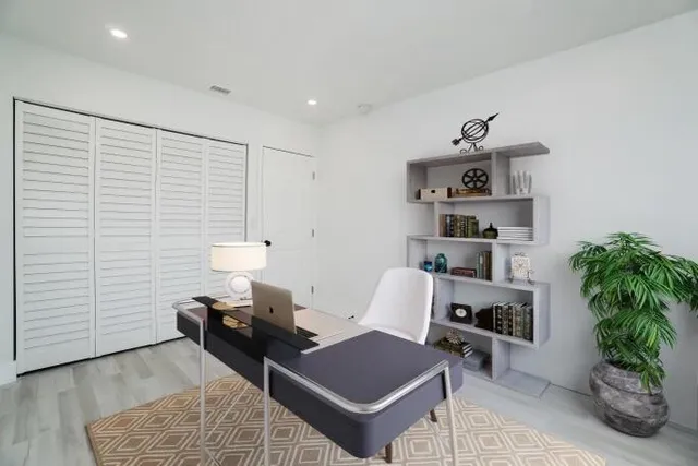 a living room with furniture and a potted plant