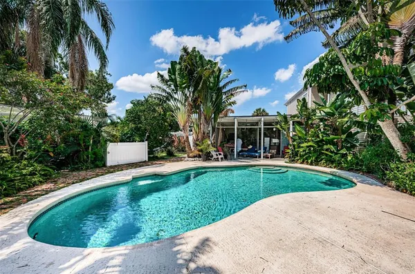 a view of a swimming pool with a garden
