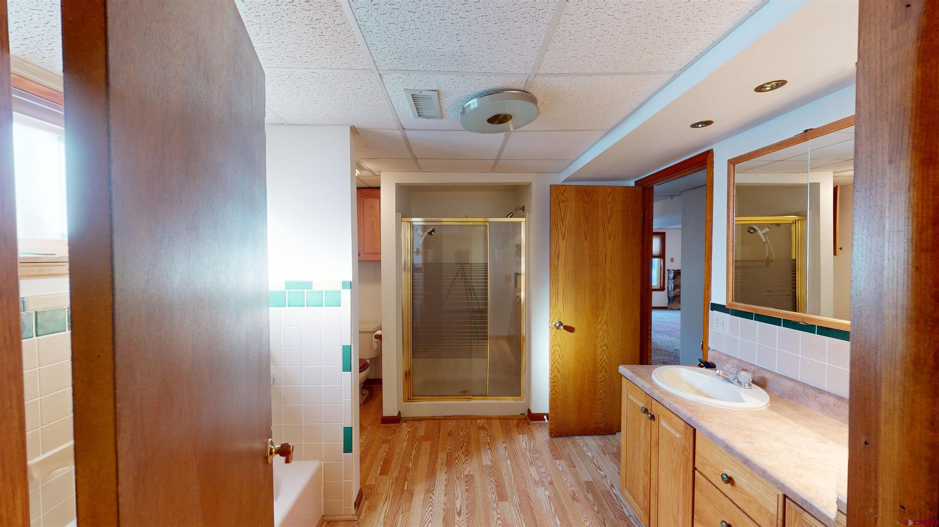 39865 Nelson Road Paonia, CO 81428 - Photo 30 of 38 a bathroom with a sink a mirror and a shower