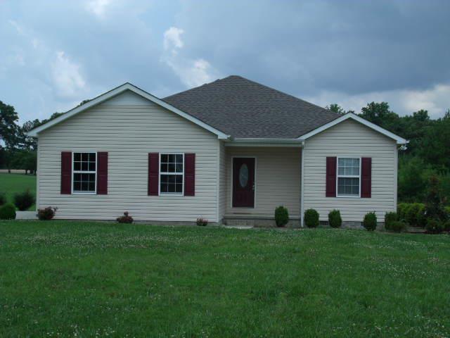 a front view of house with yard and green space