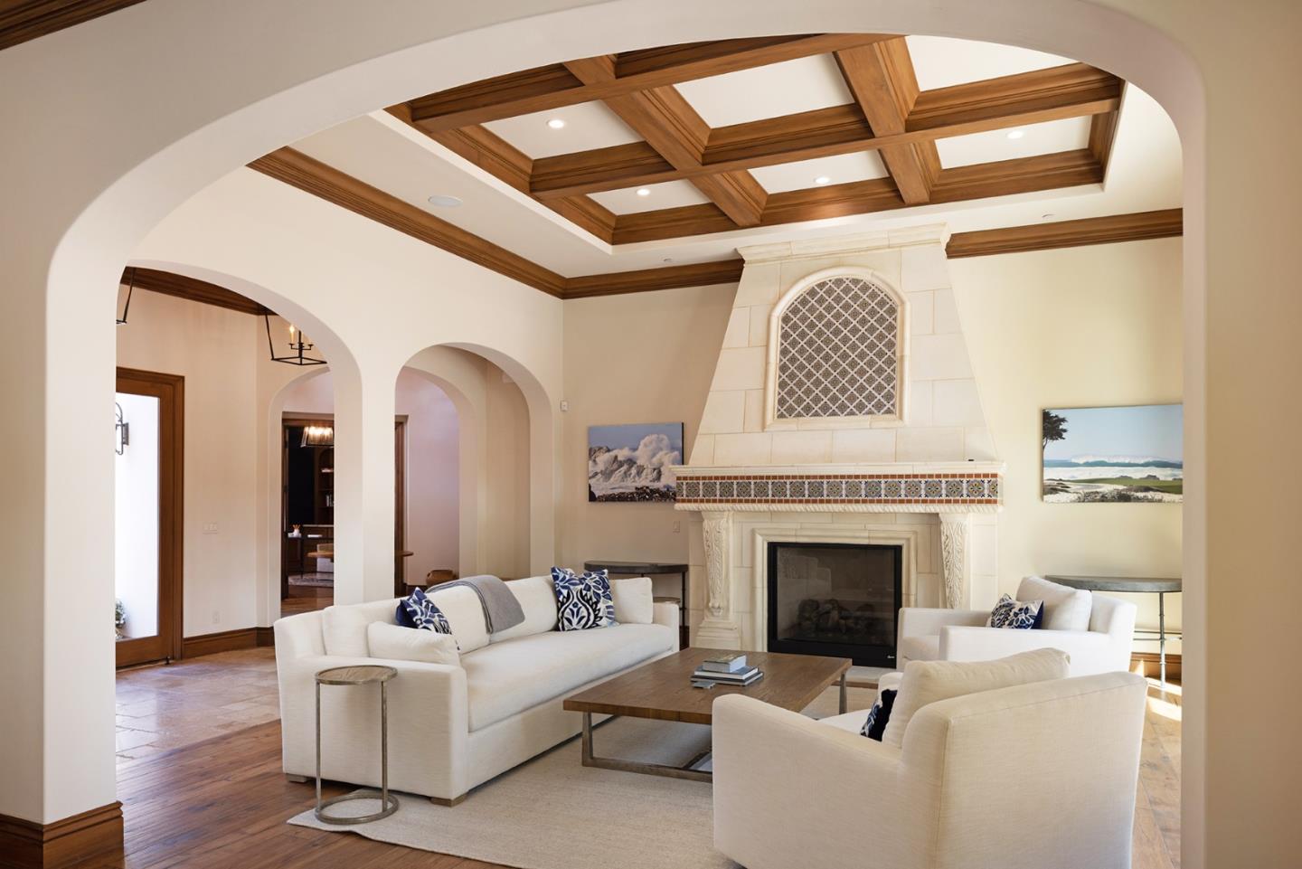1437 Viscaino Road Pebble Beach, CA 93953 - Photo 5 of 30 a living room with furniture a fireplace and a large window