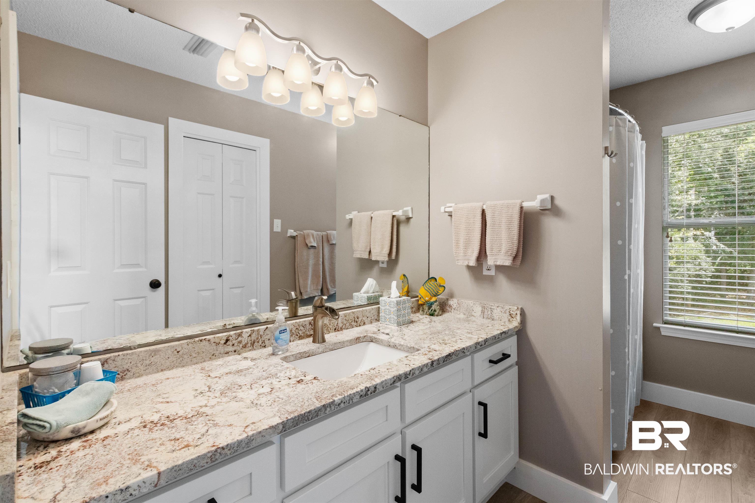 9581 South Bay Street Foley, AL 36535 - Photo 19 of 44 Bathroom vanity featuring a single basin, gold-toned faucet, and speckled light-toned countertop