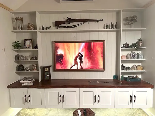 a view of cabinets and window