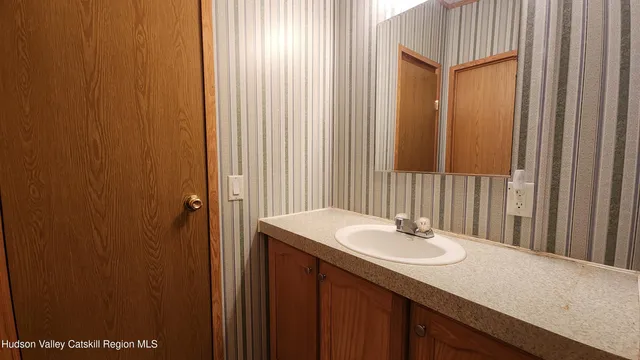 a bathroom with a sink and a mirror