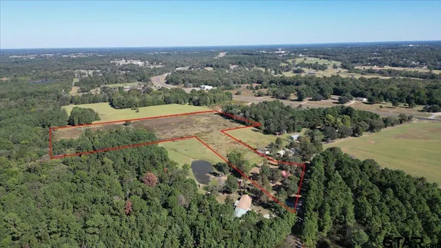 an aerial view of residential houses with outdoor space and trees