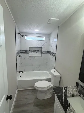 a bathroom with a toilet and a bath tub