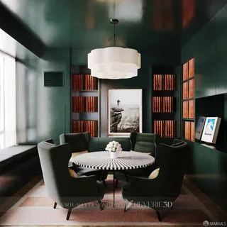 a dining room with wooden floor a chandelier a wooden table and chairs