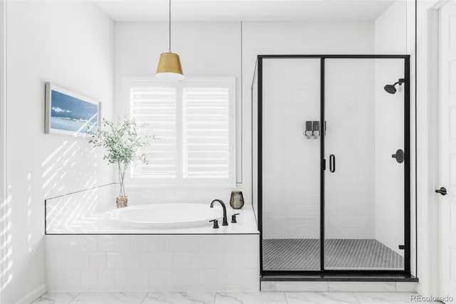 a bathroom with a bathtub and a shower