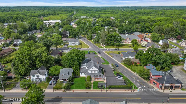 an aerial view of residential houses with outdoor space and trees