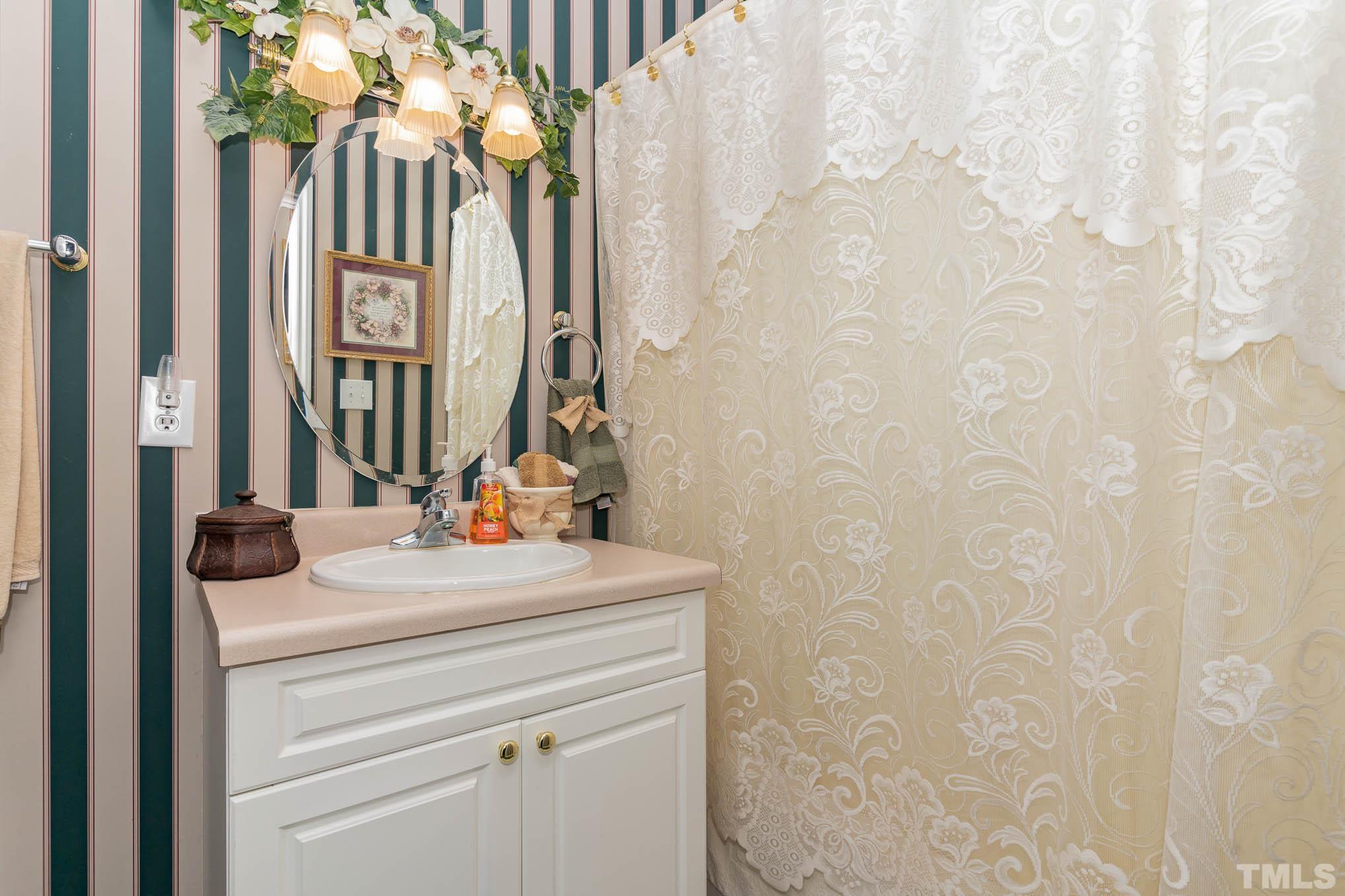6913 Pinnacle Ridge Road Raleigh, NC 27603 - Photo 6 of 34 a bathroom with a sink vanity granite and a mirror