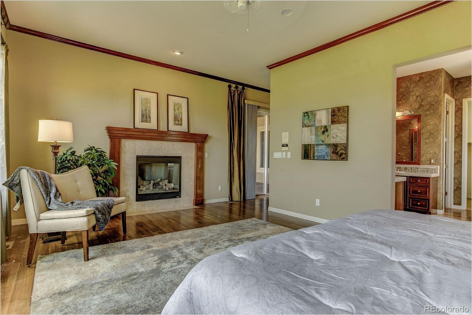 9061 Hunters Way Highlands Ranch, CO 80129 - Photo 21 of 33 a bedroom with a bed and a fireplace