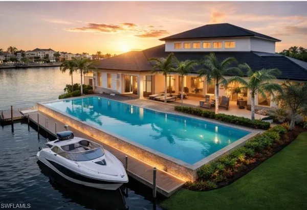 a view of a house with pool and chairs