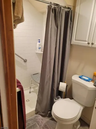 a white toilet sitting next to a shower curtain