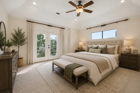 a bedroom with a large bed and a chandelier fan
