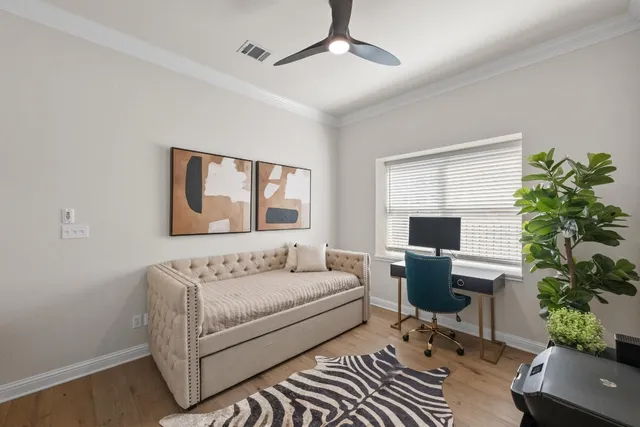 a living room with furniture a potted plant and a window