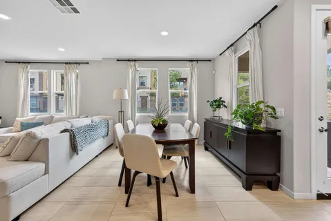 a living room with furniture potted plant and windows