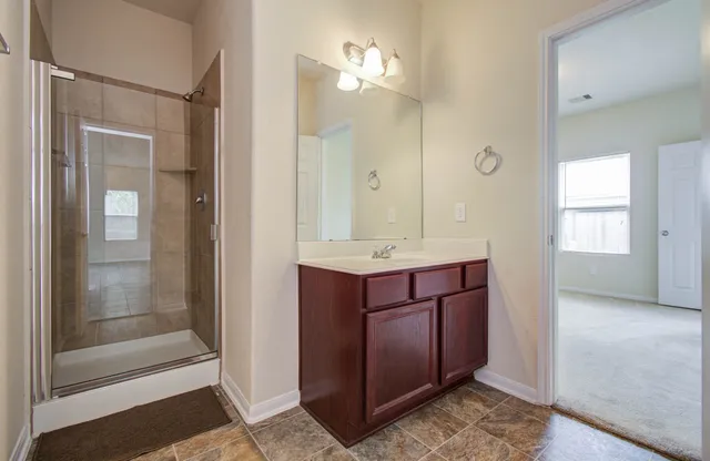 a bathroom with a sink shower and a mirror
