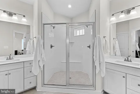 a bathroom with a shower sink and mirror