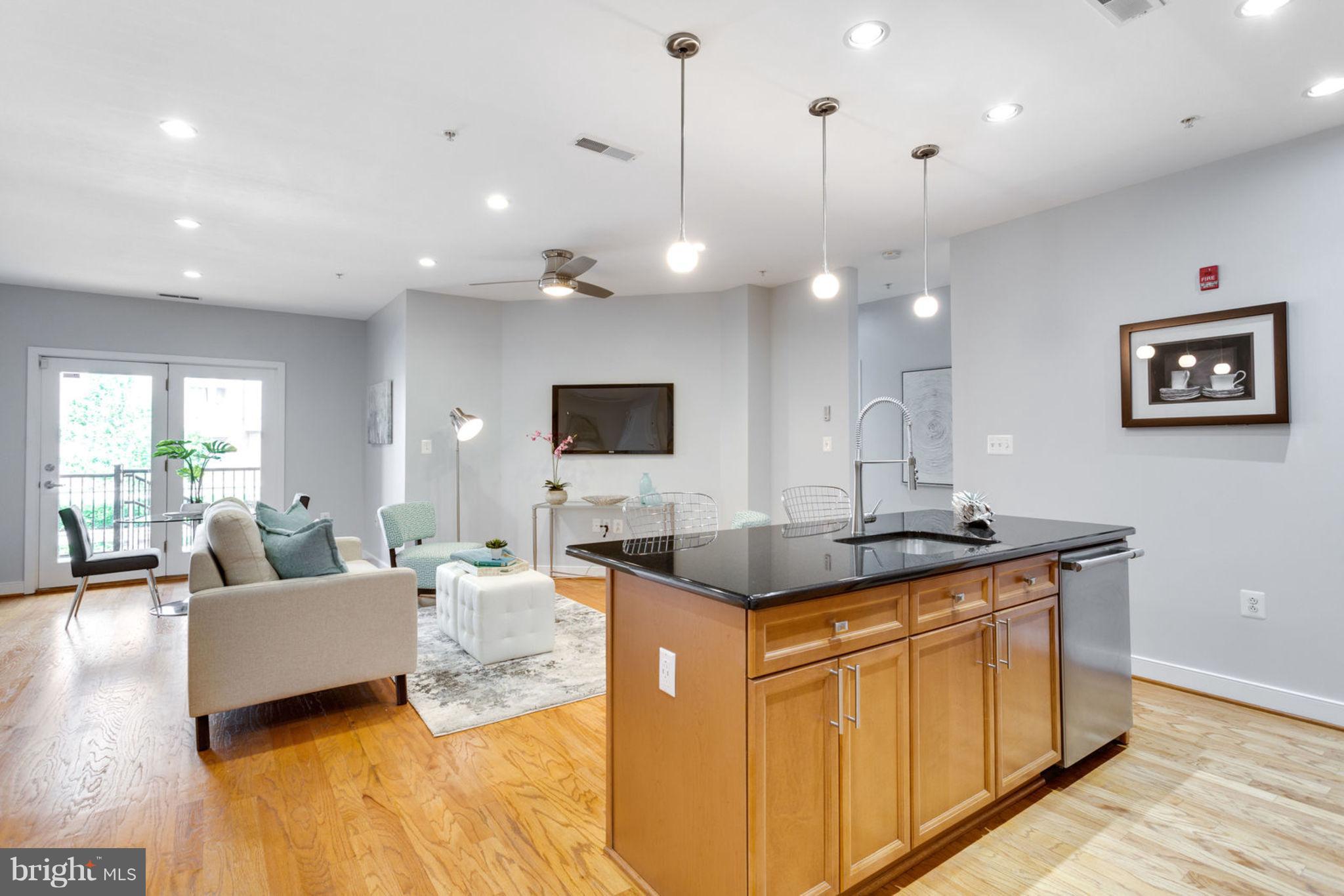 181 East Reed Avenue, Unit 109 Alexandria, VA 22305 - Photo 29 of 30 a kitchen with kitchen island a large counter top space a sink and living room view