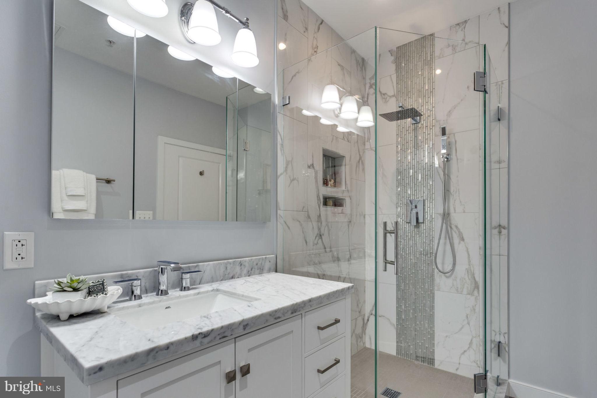 181 East Reed Avenue, Unit 109 Alexandria, VA 22305 - Photo 17 of 30 a bathroom with a granite countertop sink a shower and a mirror