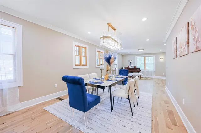 a view of a dining room with furniture