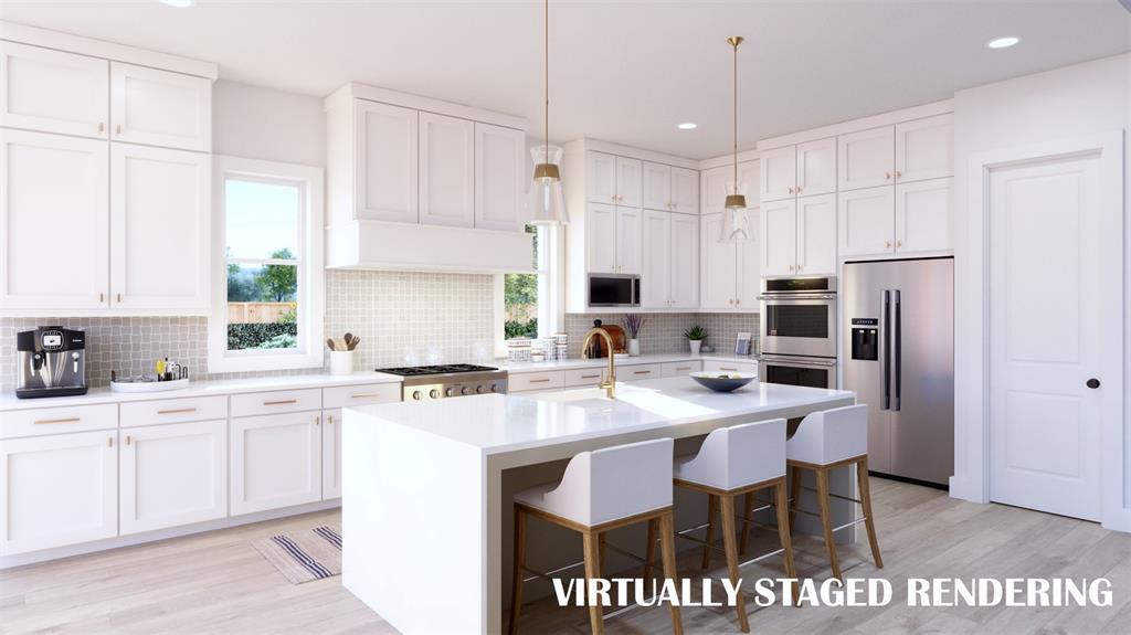 2408 Cairn Road McKinney, TX 75071 - Photo 6 of 14 a kitchen with stainless steel appliances kitchen island granite countertop a table chairs sink and cabinets