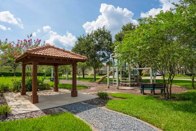 an aerial view of residential house with outdoor space and trees all around