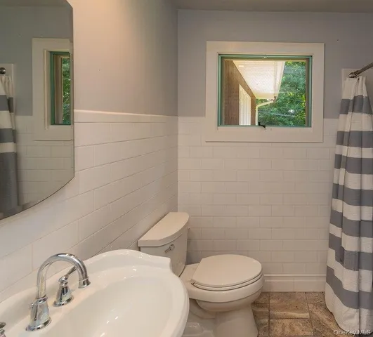a bathroom with a sink a toilet and mirror