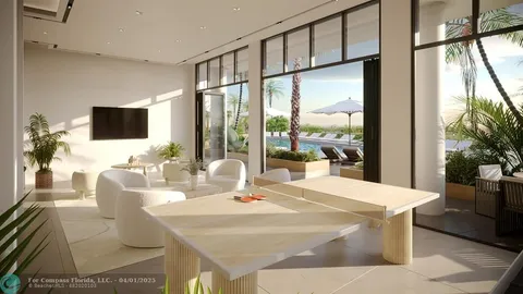 a dining room with a large window and table