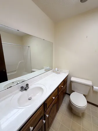 a bathroom with a sink a toilet and mirror