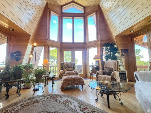 2498 West Silverado Ridge Alton, UT 84710 - Photo 5 of 51 Living room featuring wooden walls, hardwood / wood-style flooring, and a high wooden ceiling
