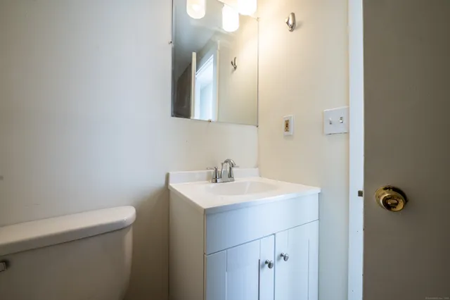 a bathroom with a sink a toilet and a mirror