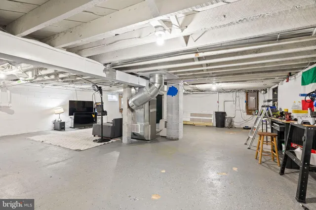 a view of a storage room with furniture