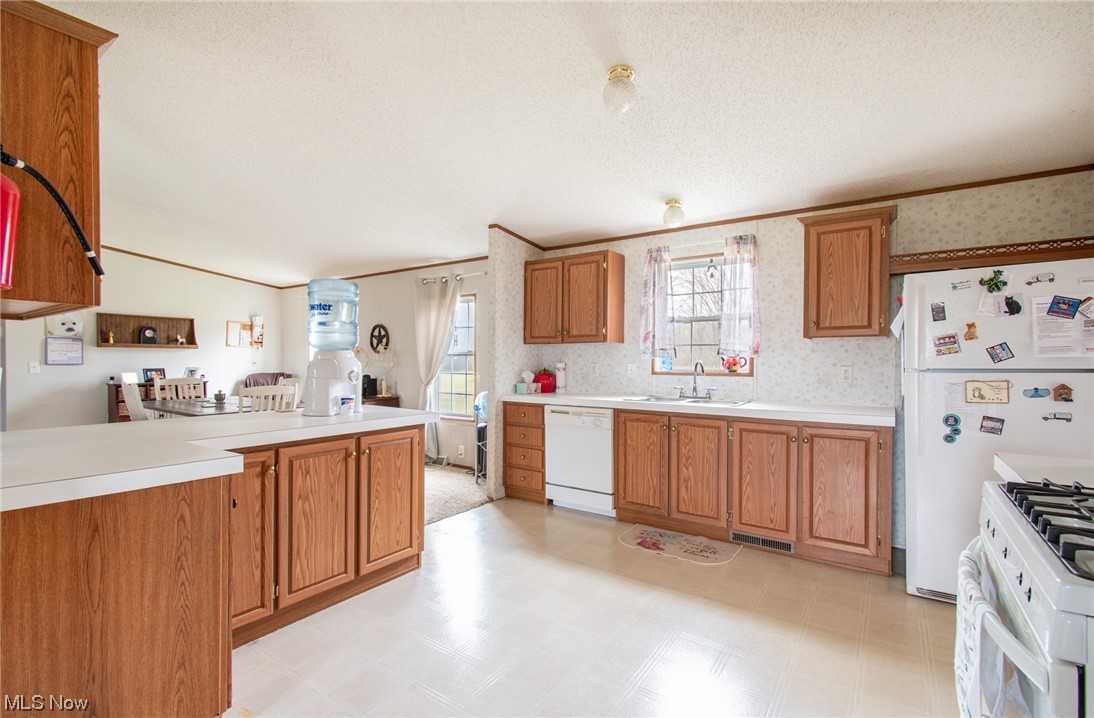 10135 Williams Road Diamond, OH 44412 - Photo 10 of 30 Kitchen with sink, white appliances, light tile floors, and a healthy amount of sunlight