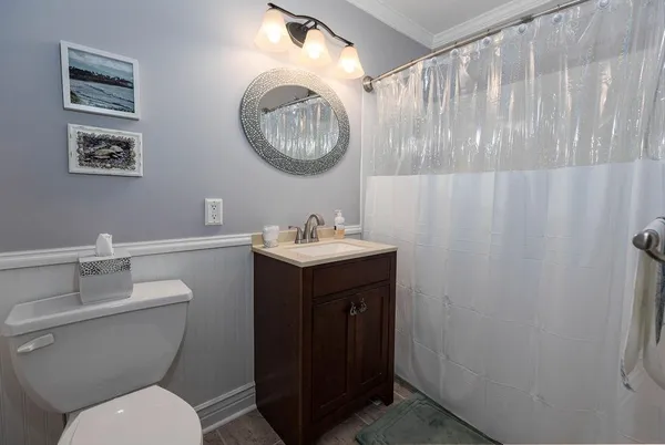 a bathroom with a toilet sink vanity and mirror