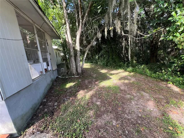 a view of a yard with plants and trees