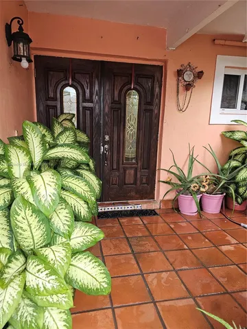 a front view of a house with potted plants