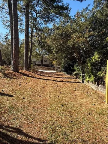 a view of a yard with large trees