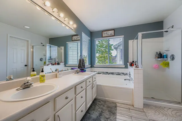 a bathroom with a sink a bathtub and a mirror