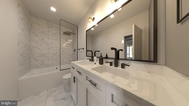 a spacious bedroom with a bed and a flat tv screen on dresser