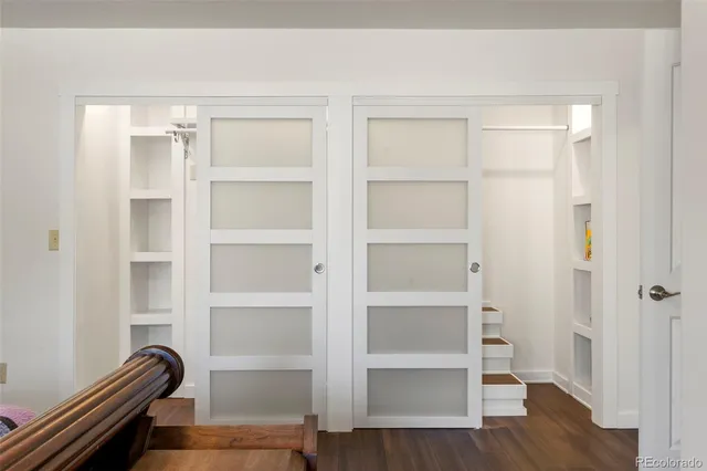 a view of walk in closet with empty racks
