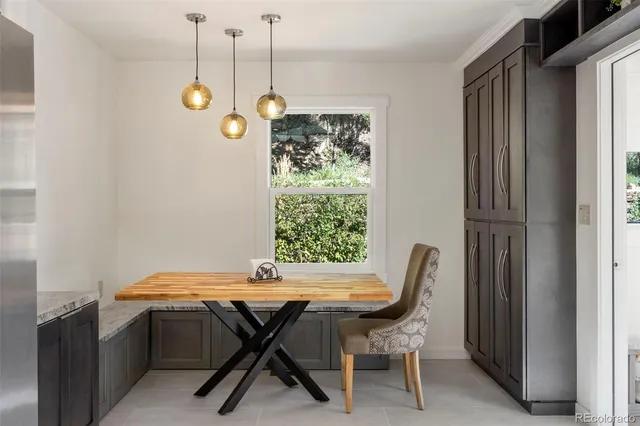 a view of a dining room with furniture and window