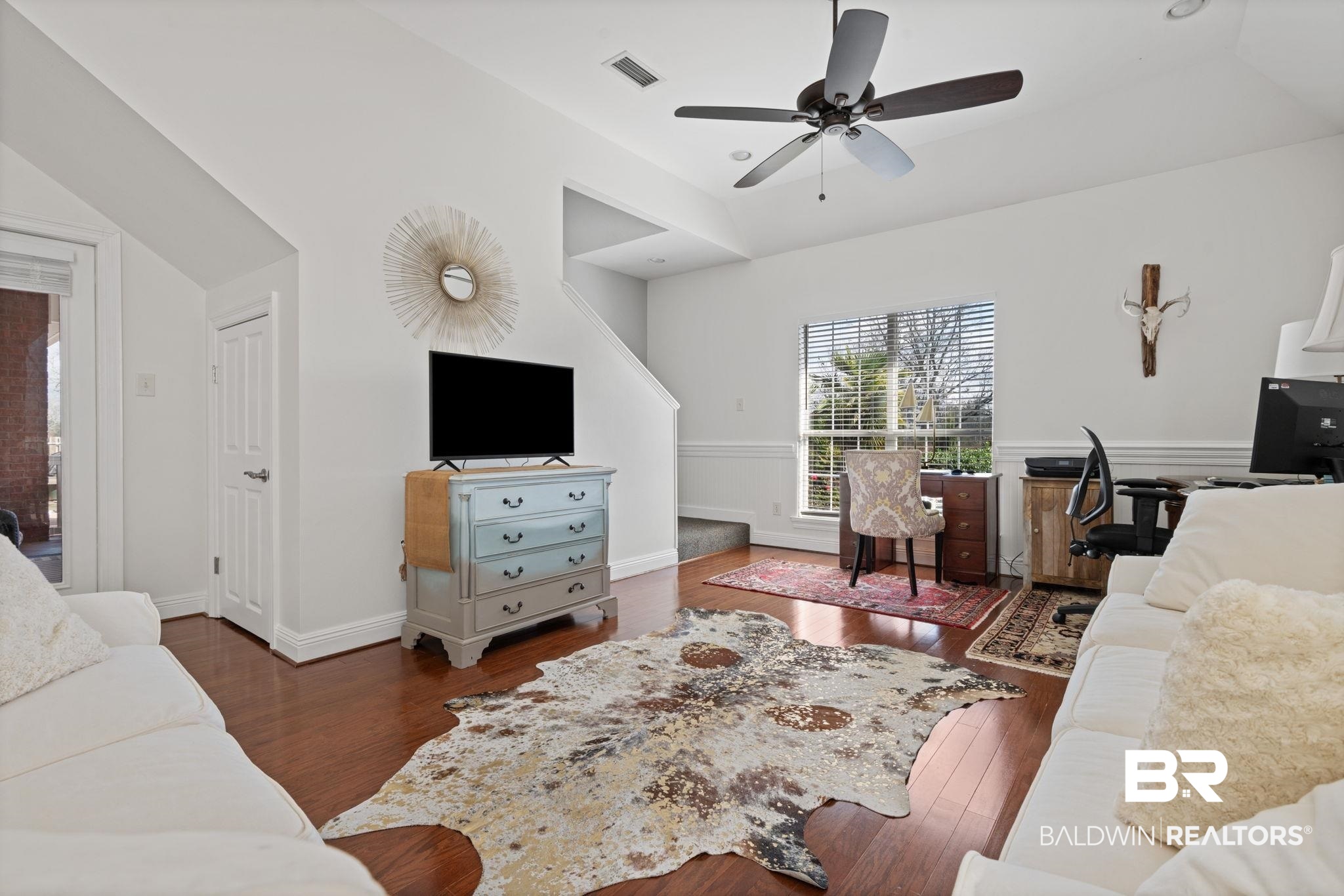 4771 Pecan Ridge East Mobile, AL 36619 - Photo 27 of 48 Living room featuring dark wood-style flooring, ceiling fan, and an office area
