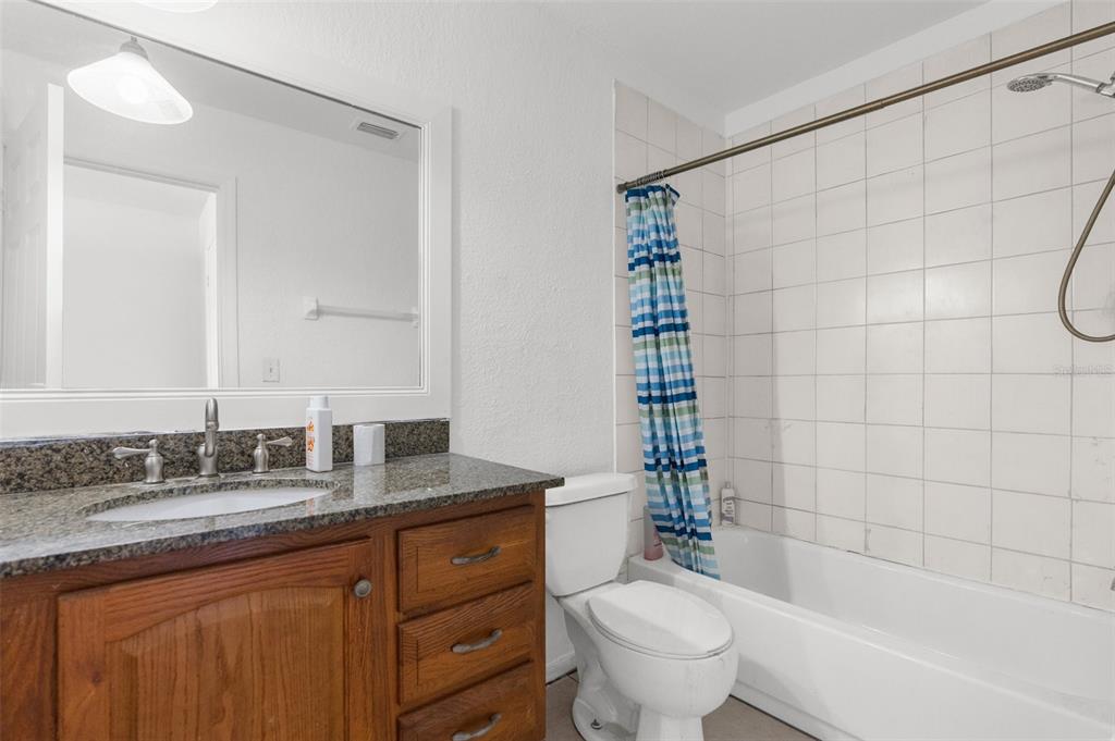 10221 Elgin Boulevard Spring Hill, FL 34608 - Photo 29 of 32 a bathroom with a granite countertop sink a toilet a mirror and shower