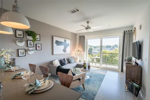 a view of a dining room with furniture
