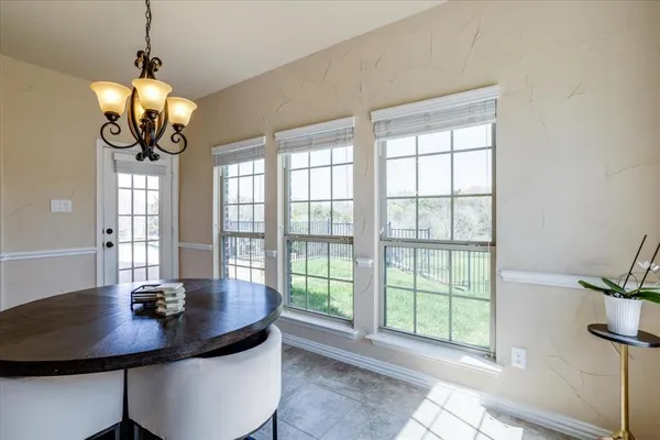 a view of a dining room with furniture window and outside view