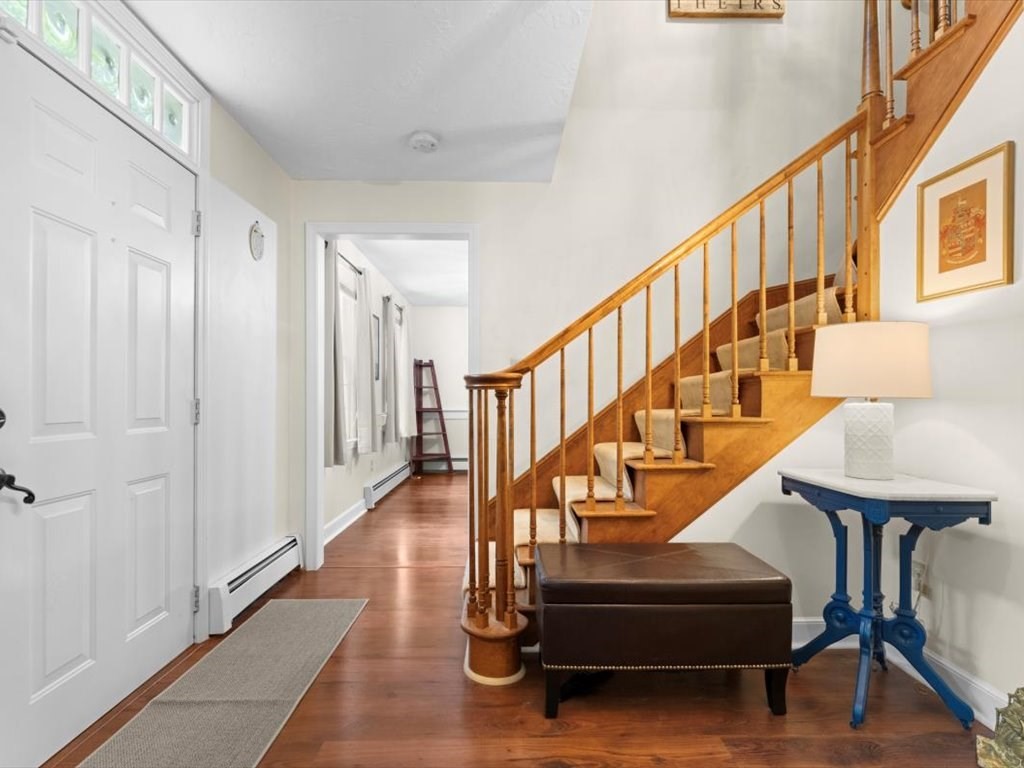 157 Harvard Road Bolton, MA 01740 - Photo 6 of 42 a living room with wooden floor and a stairs