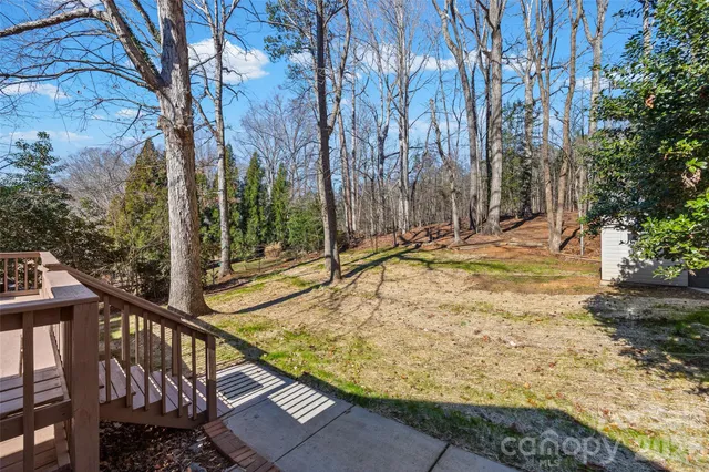 a view of a backyard with large trees